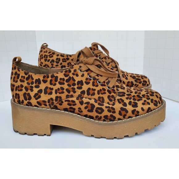 Unique Leopard Print Y2K Chunky Retro Platform Lace Up Faux Suede Size 8 Shoes - Picture 1 of 11